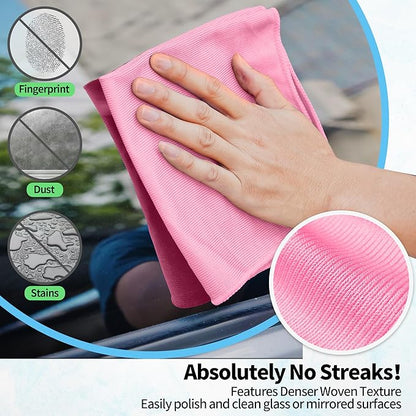 Microfiber Cleaning Cloth - 10 Pack Glasses Cleaning Cloth, 16" x 14" Window Cleaning Rags, Streak Free Lint Free Polishing Cloths Wipes for Eye Glass, Stainless Steel, Windshield, Pink