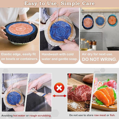 5-Size Reusable Beeswax Bowl Covers for Bread Proofing, Cotton Cloth Flexible Beeswax Wraps for Food Storage(Concentric Circle)