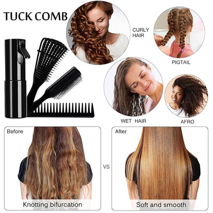 4pcs Curly Hair Brush Set for Adult & Kids Wet or Dry, Detangling Brush for 3/4ABC Hair with Detangler Spray Bottle & Wide Tooth Comb (3+1, Black)