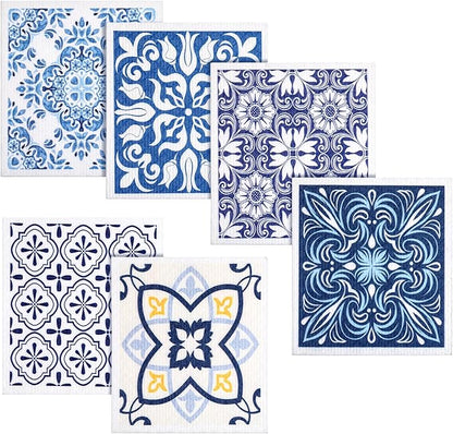 ElevateTech 6Pcs Swedish Dishcloths for Kitchen, Reusable Absorbent Hand Towels Cute Pattern Decorate Washable for Cooking Kitchen Home Decoration Housewarming Gift Blue