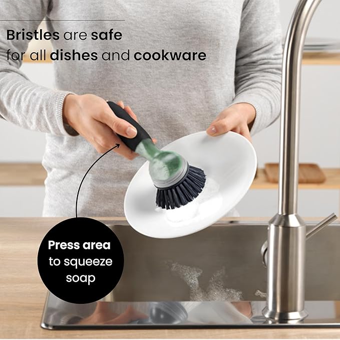 Vigar Rengo Dish Brush with Soap Dispenser - Dish Scrubber with Handle, Kitchen Scrub Brush for Dishes, Sink Cleaning Brush, Soap Dispensing Dish Wand with Nylon Bristles, Non Scratch - Black