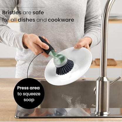 Vigar Rengo Dish Brush with Soap Dispenser - Dish Scrubber with Handle, Kitchen Scrub Brush for Dishes, Sink Cleaning Brush, Soap Dispensing Dish Wand with Nylon Bristles, Non Scratch - Black