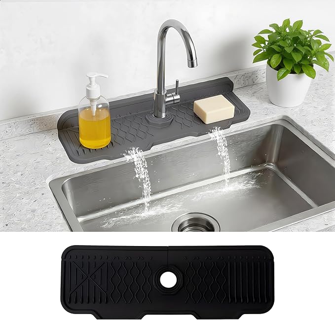 Silicone Faucet Mat for Kitchen Sink, Draining Mat Water Splash Guard for Kitchen & Bathroom (Black, 17"x5.6")