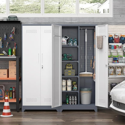 Broom Closet, 72" Broom Closet Storage Cabinet with Lock, Metal Tool Storage Cabinets with Pegboard, Cleaning Supply Storage Cabinets with Shelves for Home, Garage, Utility Room, Greywhite