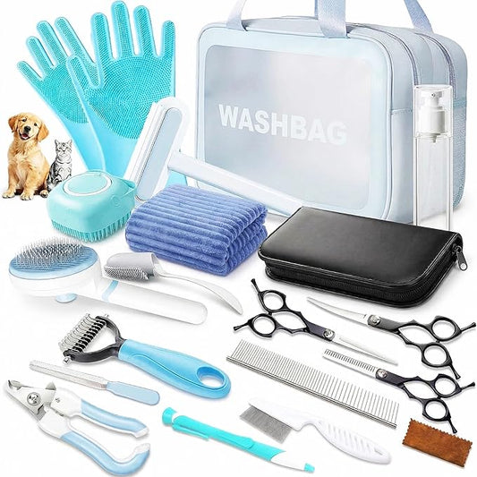 19PCS Dog Bath Kit & Dog Brush Kit for Dogs & Cats - Professional Pet Grooming Tools Set with Shedding Brush, Bath Scrubber, Dematting Comb & Storage Bag - Complete Dog Washing Essentials, Blue