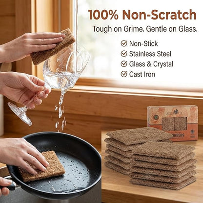 SQUIRREL Natural Coconut Coir Fiber Kitchen Scrubbers 12 Pack Biodegradable Non Scratch Dish Sponges for Eco Friendly Household Cleaning and Zero Waste Living