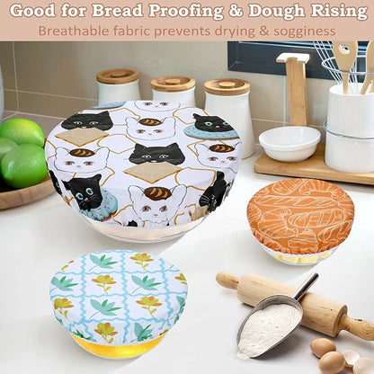 5-Size Reusable Beeswax Bowl Covers for Bread Proofing, Cotton Cloth Flexible Beeswax Wraps for Food Storage(Toast Cat)