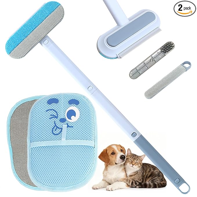 Pet Hair Remover Set – Removes Pet hair from Carpets, Furniture & Car Seats For Cat & Dog, includes 4-in-1 Magic Brush (Extended Handle) & a Electrostatic cat Hair Remover Glove.