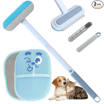 Pet Hair Remover Set – Removes Pet hair from Carpets, Furniture & Car Seats For Cat & Dog, includes 4-in-1 Magic Brush (Extended Handle) & a Electrostatic cat Hair Remover Glove.