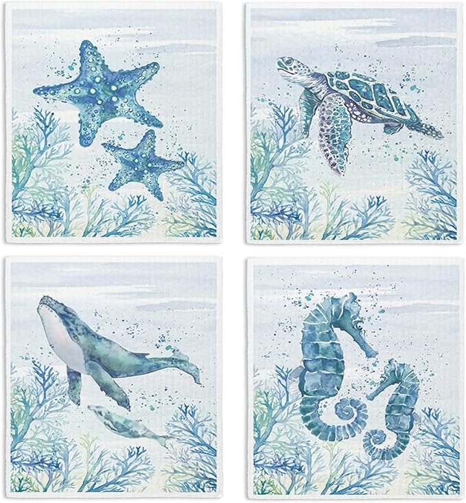 Ocean Beach Swedish Dishcloths for Kitchen, 4 Pack Ocean Summer Gifts Swedish Dish Cloths Towels for Kitchen Bathroom Office Housewarming Gifts, Papaya Reusable Paper Towels Washable