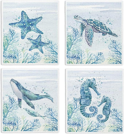 Ocean Beach Swedish Dishcloths for Kitchen, 4 Pack Ocean Summer Gifts Swedish Dish Cloths Towels for Kitchen Bathroom Office Housewarming Gifts, Papaya Reusable Paper Towels Washable