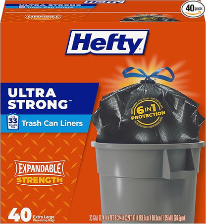 Hefty Ultra Strong 33 Gallon Trash Bags, Large Trash Bags 33 Gallon Size, Trash Can Liners, Break Resistant Drawstring Closure, Resists Leaks, Punctures, and Tears, Black, 40 Bags