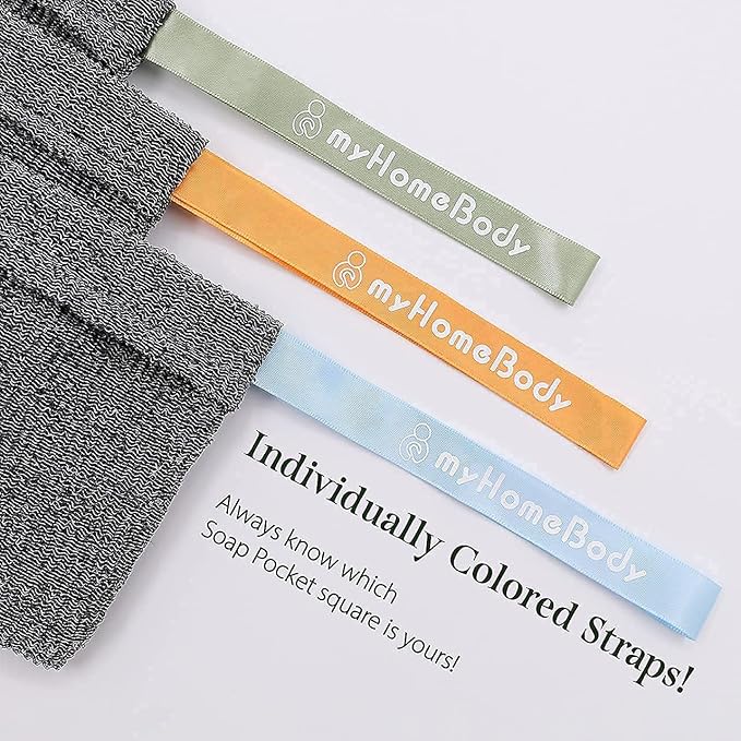 myHomeBody Soap Pocket Squares Exfoliating Pouch, Body Scrubber, Exfoliator Sponge for Bath or Shower, or Leftover Bits Saver, Graphite Gray, 3 Pack + 2 Lift Pads