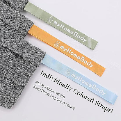 myHomeBody Soap Pocket Squares Exfoliating Pouch, Body Scrubber, Exfoliator Sponge for Bath or Shower, or Leftover Bits Saver, Graphite Gray, 3 Pack + 2 Lift Pads