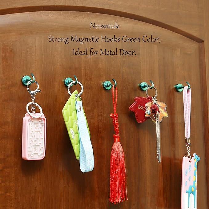 Neosmuk Magnetic Hooks, Heavy Duty 30lb+ Strong Magnet Hook for Cruise Cabins, Cruise Ship Essentials for Hanging, Metal Wall Refrigerator Hangers (Green, 15 Pack)
