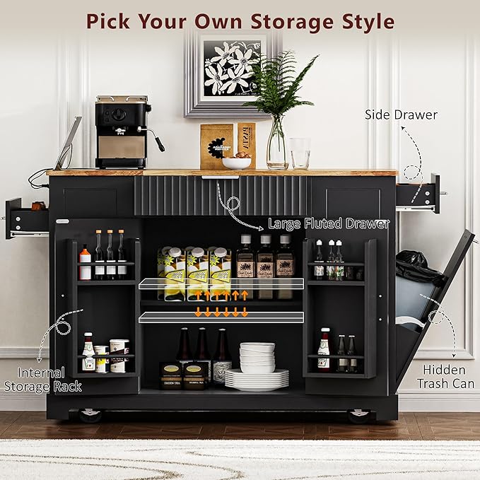 48.5" Kitchen Island with Trash Can Storage Cabinet, Power Outlet, Internal Storage Rack, Rolling Kitchen Islands Cart on 5 Wheels with 3 Drawers, 3 Open Side Racks, Black