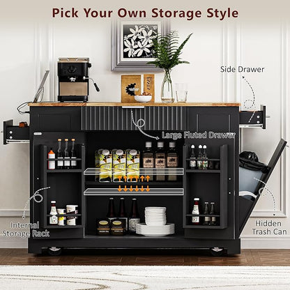 48.5" Kitchen Island with Trash Can Storage Cabinet, Power Outlet, Internal Storage Rack, Rolling Kitchen Islands Cart on 5 Wheels with 3 Drawers, 3 Open Side Racks, Black