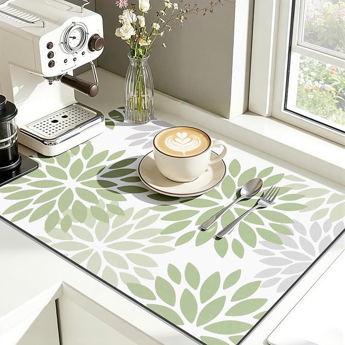 Findosom Floral Dish Drying Mat, 16" x 24" Super Absorbent & Hide Stain Coffee Mat, Cuttable Drying Mat for Kitchen Counter, Under Dish Rack, Coffee Maker, Espresso Machine, Sage Green