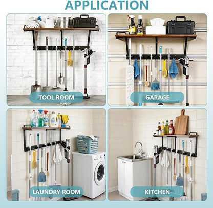 Broom Holder Wall Mount With Cleaning Supplies Organizer Shelf Broom And Mop Organizer Wall Hanging With Vacuum Holder Wall Mount, Wall Mounted Broom Hanger Utility Racks For Home Garage Laundry Room