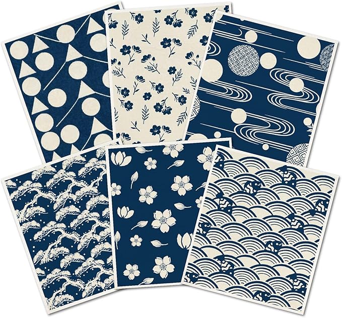 6PCS 6 Styles Blue Swedish Dish Cloths Bulk Flowers Japanese Pattern Reusable Kitchen Sponge Cleaning Cloths Quick Drying Absorbent Decorative Towels for Dishes Home Countertop Bathroom Use