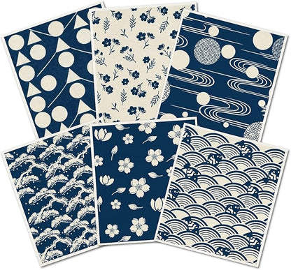 6PCS 6 Styles Blue Swedish Dish Cloths Bulk Flowers Japanese Pattern Reusable Kitchen Sponge Cleaning Cloths Quick Drying Absorbent Decorative Towels for Dishes Home Countertop Bathroom Use