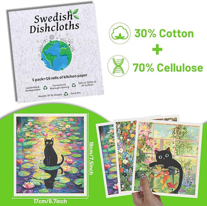 Swedish Dishcloths for Kitchen, 6 Pack Oil Painting Black Cat Reusable Paper Towels Washable, Absorbent Dish Rags for Washing Dishes Housewarming Gifts