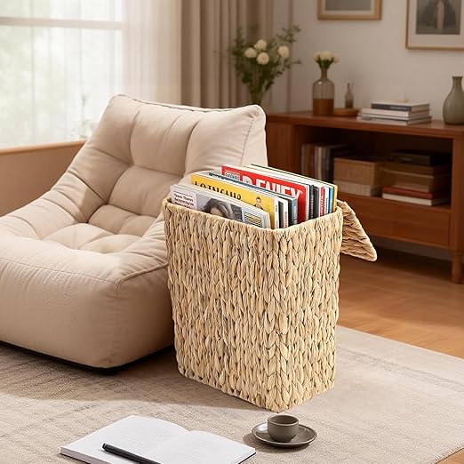 BSSN Boho Wicker Trash Can with Lid and Tissue Box Holder, Water Hyacinth Bathroom Small Waste Basket, Rattan Garbage Wastebasket with Lid for Bedroom,Toilet