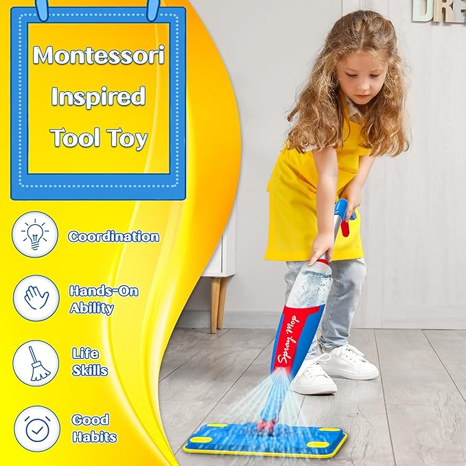 Kids Mop, Toddler Cleaning Toy Set, Mini Size Mop for Kids that Really Works, Educational and Pretend Play Montessori Toys Gift for Boys Girls