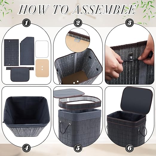 2 Pack 21 Gallon Bamboo Slim Trash Can with Lid Large Foldable Slim Rectangular Garbage Can Laundry Basket Bamboo Waste Basket for Bathroom Bedroom Office Home Salon Spa (Black)