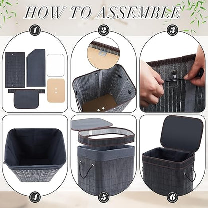 2 Pack 21 Gallon Bamboo Slim Trash Can with Lid Large Foldable Slim Rectangular Garbage Can Laundry Basket Bamboo Waste Basket for Bathroom Bedroom Office Home Salon Spa (Black)