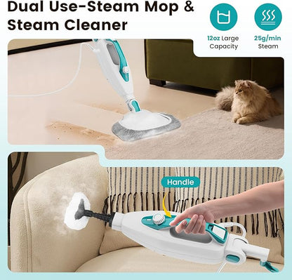 10-in-1 Steam Mop, 1550W Detachable Handheld Steam Cleaner with 350ML Tank for Floor Cleaning, 16FT Power Cable, 2 Washable Pads, Multi-Purpose Steamer for Hardwood, Carpet, Tile, Windows,Cyan