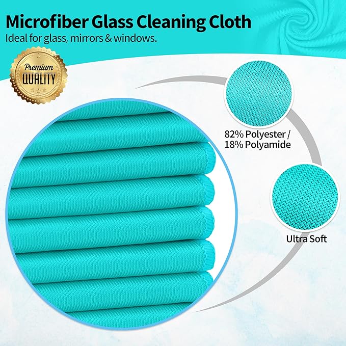 Microfiber Cleaning Cloth, 12 Pack Window Glasses Cleaning Cloth, Reusable Lint-Free Streak Free Polishing Cloth Wipes for Stainless Steel, Eyeglass, Mirror, Screen & Lense, Turquoise