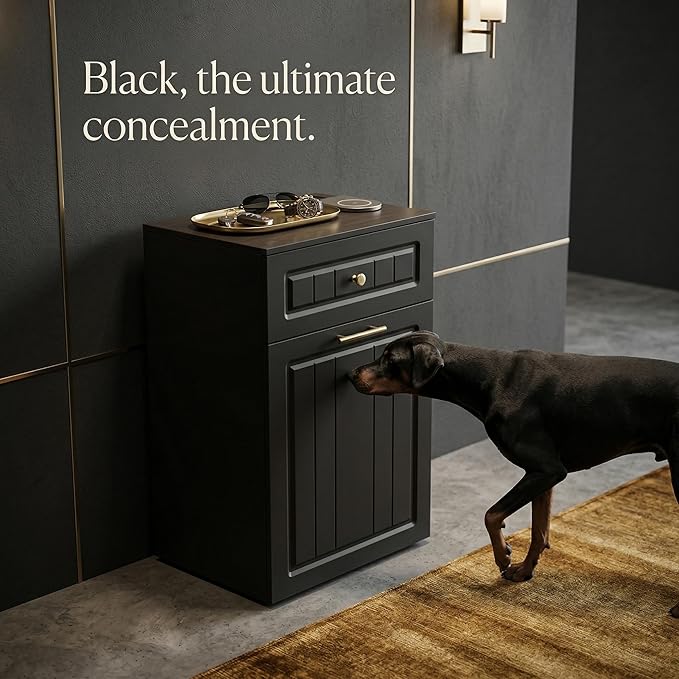 13 Gallon Pull Out Trash Can Cabinet with Drawer, Hidden Kitchen Garbage Cabinet, Freestanding Modern Farmhouse Waste Bin Furniture, Black