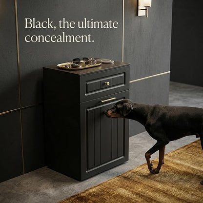 13 Gallon Pull Out Trash Can Cabinet with Drawer, Hidden Kitchen Garbage Cabinet, Freestanding Modern Farmhouse Waste Bin Furniture, Black