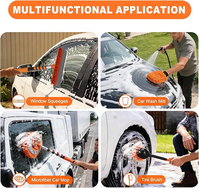SISUPASSIE 12FT Car Wash Brush with Long Handle, Car Cleaning Brush Kit with Soft Bristle Brush, Window Squeegee, Microfiber Mop, Wheel Brush, Mitt for Cleaning Truck, RV, Boat, Solar Panels
