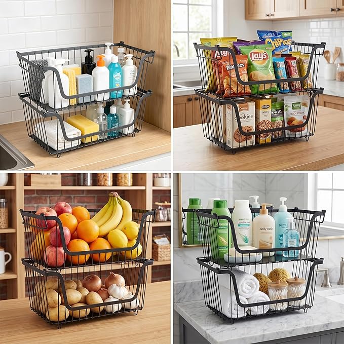 2 Pack Trash Bag Dispenser, Stackable Garbage Bag Holder Cleaning Supplies Organizer, Space-Saving Under Sink Organizer, Metal Wire Storage Basket for Laundry Room Kitchen Pantry Storage