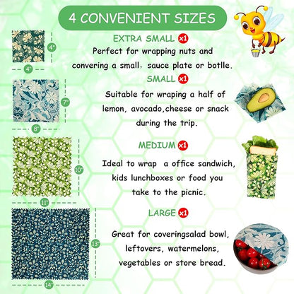 Reusable Beeswax Wrap, 4 Pack Eco-Friendly Beeswax Wraps For Food, Organic, Sustainable, Biodegradable, Zero Waste, Plastic-Free Food Storage (Flowers and Leaves)