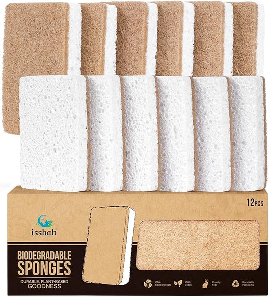 Isshah Plant-Based Kitchen Sponges - FSC Certified and PETA Approved, Natural, Eco-Friendly, Biodegradable Sisal Hemp Sponges for Dishes, Cleaning Sponge for Kitchen, Bathroom, Household - 12 Count