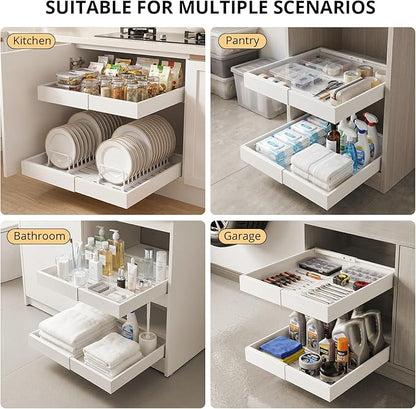 DOMNIU 4 Pack Pull Out Cabinet Organizers Expandable Width (12.4''-20.27''), Upgrade 3 Slide Rails Sliding Drawer for Kitchen Cabinet Organizer with Adhesive Nano Film, White