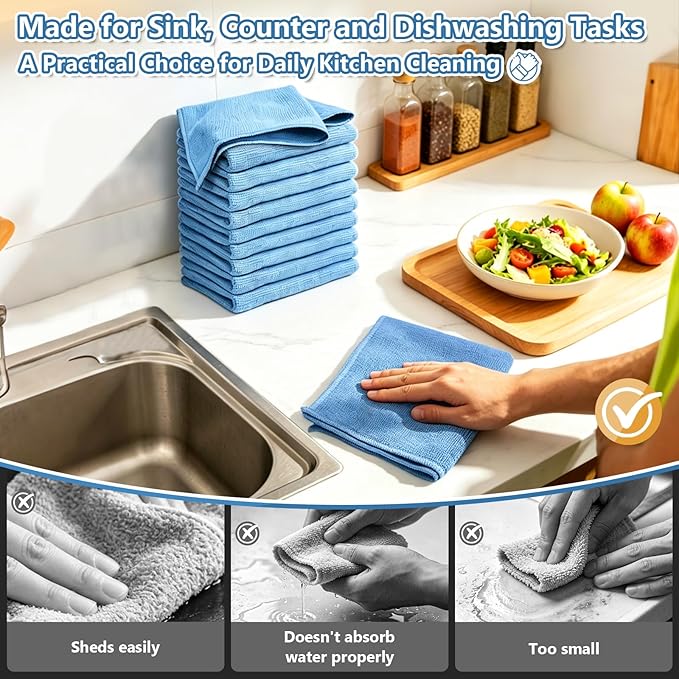 Kitchen Dish Cloths, 12 Pack, 10 x 10 Inches, Super Absorbent Microfiber Dish Towels, Soft Fast Drying Reusable Dish Rags for Washing Dishes, Countertops and Sink, Light Blue