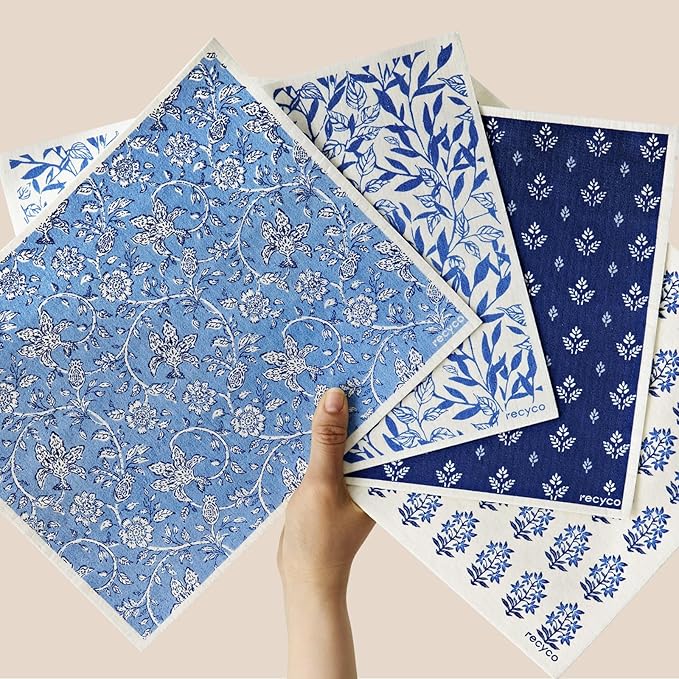 RECYCO Swedish Dishcloths for Kitchen | 4 Pack Oversized Washable Dish Rags | Large Cellulose Reusable Cleaning Paper Towels | Absorbent Counter Dish Cloth Sponge XL Kitchen Wipes, 12" L x 10" W