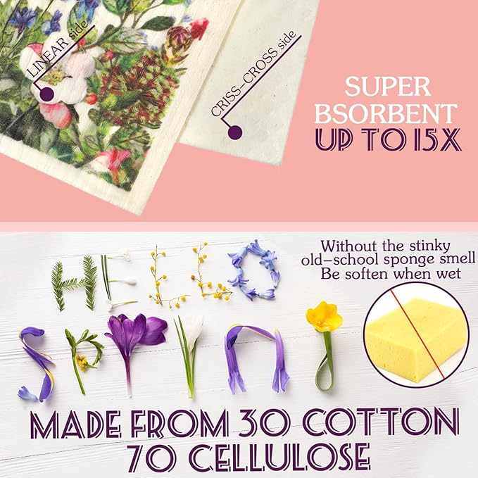 Cunhill 6 Pcs Swedish Dishcloth for Kitchen Spring Floral Swedish Dish Towels Colorful Wildflowers Dishcloth Watercolor Reusable Paper Towels Wildflowers Sponge Cloth for Party Home Cleaning Decor