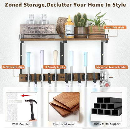 Mop Holder Wall Mount with Cleaning Supplies Organizer, Wood Mop and Broom Hanger Rack Organizer with Anti-Fall Wall Shelf with 5 Clips & Hooks for Garage Laundry Room Organization, Brown