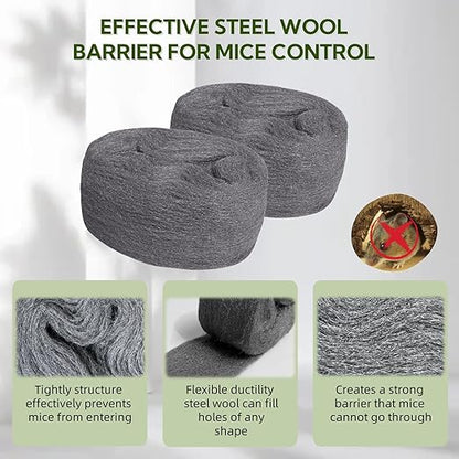 Steel Wool Mice Control - 4 Pack 3'' x 11Ft Steel Wool 0000 - Fine SteelWool Included Work Gloves & Scissors - Mouse Wall Hole Filler for Home, Garden & Garage