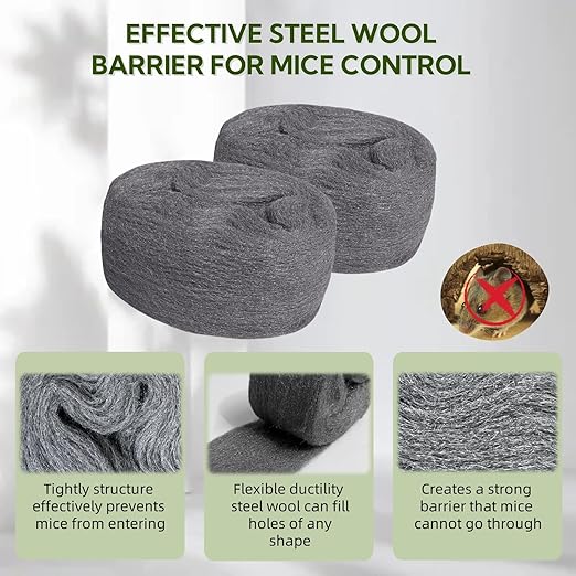 Steel Wool Mice Control - 3 Pack 3'' x 11Ft Steel Wool 0000 - Fine SteelWool Included Work Gloves & Scissors - Mouse Wall Hole Filler for Home, Garden & Garage