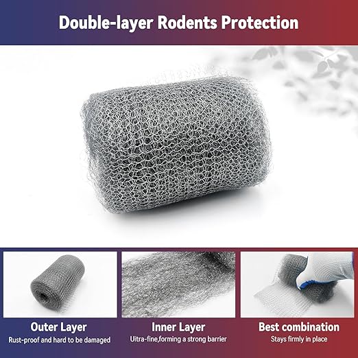 [Upgrade 4in1] Steel Wool Mice Control,Dual-Layer Protection for Mouse,Wire Mesh Hole Filler Gap Rodent Control Fill Fabric,Weep Hole Covers,3 Pack Steel Wool 0000&1 Pack Stainless Mesh Kit with Tools