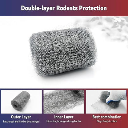 [Upgrade 4in1] Steel Wool Mice Control,Dual-Layer Protection for Mouse,Wire Mesh Hole Filler Gap Rodent Control Fill Fabric,Weep Hole Covers,3 Pack Steel Wool 0000&1 Pack Stainless Mesh Kit with Tools