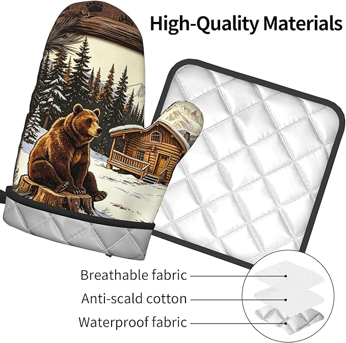 Vintage Oven Mitts and Pot Holders Sets Rustic Cabin Kitchen Gloves Bear Hot Pads Cute Baker Stuff Chef Cooking Baking Gifts for Women