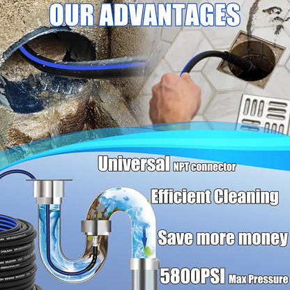 Sewer Jetter Kit for Pressure Washer(50FT),1/4" NPT Drain Cleaner Hose 5800PSI with 3 Sewer Jet Nozzles，Pearl Corsage Pin，Marking Ring,Spray Nozzle，Teflon Tape&Gloves
