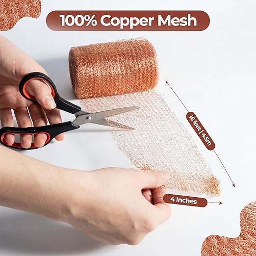 Copper Mesh Roll for Rodent Control | 4 Inch x 16 Feet | Pack of 2 Rustproof Copper Mesh | Rodent Bat and Snail Barrier | Hole Blocker for Gaps, Vents and Water Openings | Includes Scissor